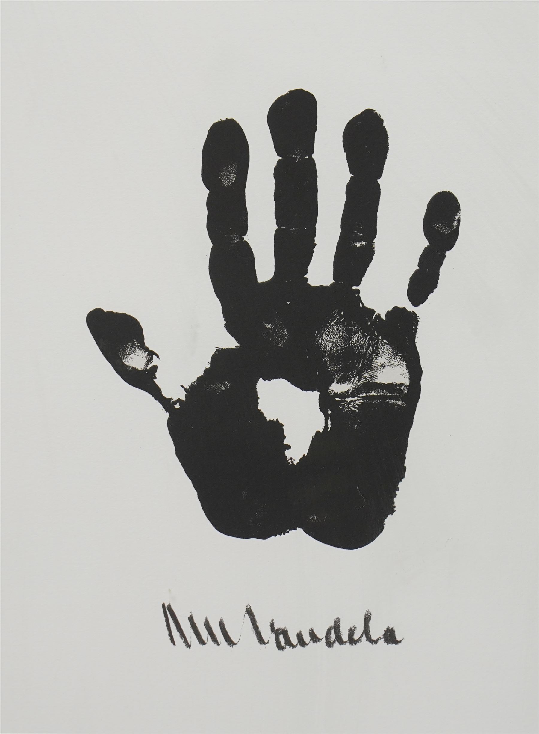 Nelson Rolihlahla Mandela (South African 1918-2013): 'Hand of Africa', monochrome lithograph signed and numbered 455/1000 in pencil with blindstamp 63cm x 48cm