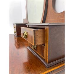 James Shoolbred & Co. London - Edwardian inlaid mahogany dressing table, oval swing bevelled mirror back with four small trinket drawers, rectangular moulded top with satinwood band over five drawers, square tapering supports with brass castors, stamp to drawer 