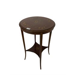 Greenwood and Sons York - early 20th century mahogany side or lamp table, decorated with floral garlands and central musical instrument motifs, with square tapering supports joined by an under-tier 