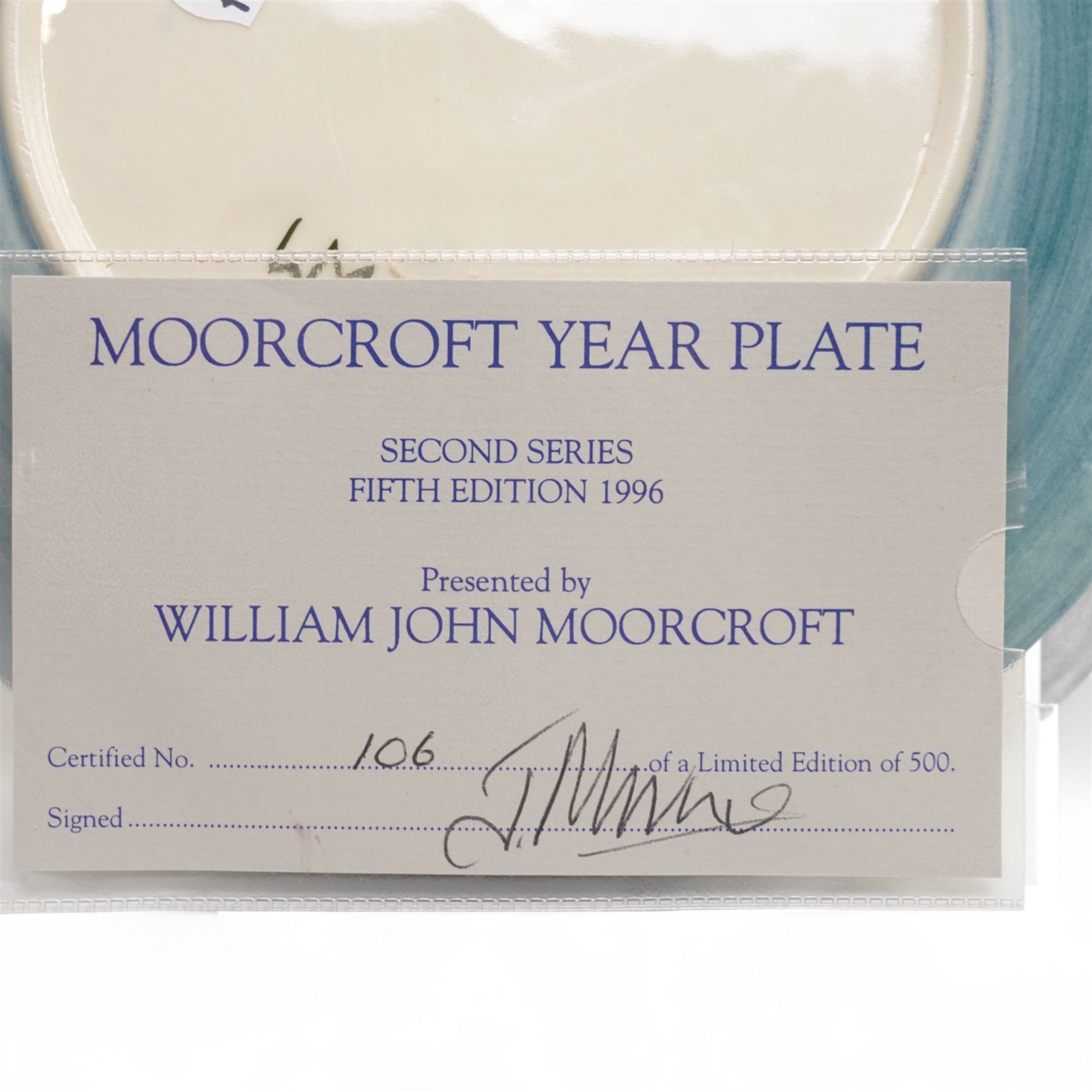 Moorcroft plates, to include the 1996 Year Plate limited edition number 106/500, with certificate, and two Brambles pattern plates, each with impressed and painted marks to base, D22cm (3)