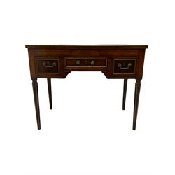 19th century mahogany low-boy side table, fitted with three drawers, inlaid and brass banded top