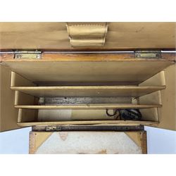 Wooden table stationery box, with drop down front and fitted interior, with metal shield plaque to the hinged lid, H18cm