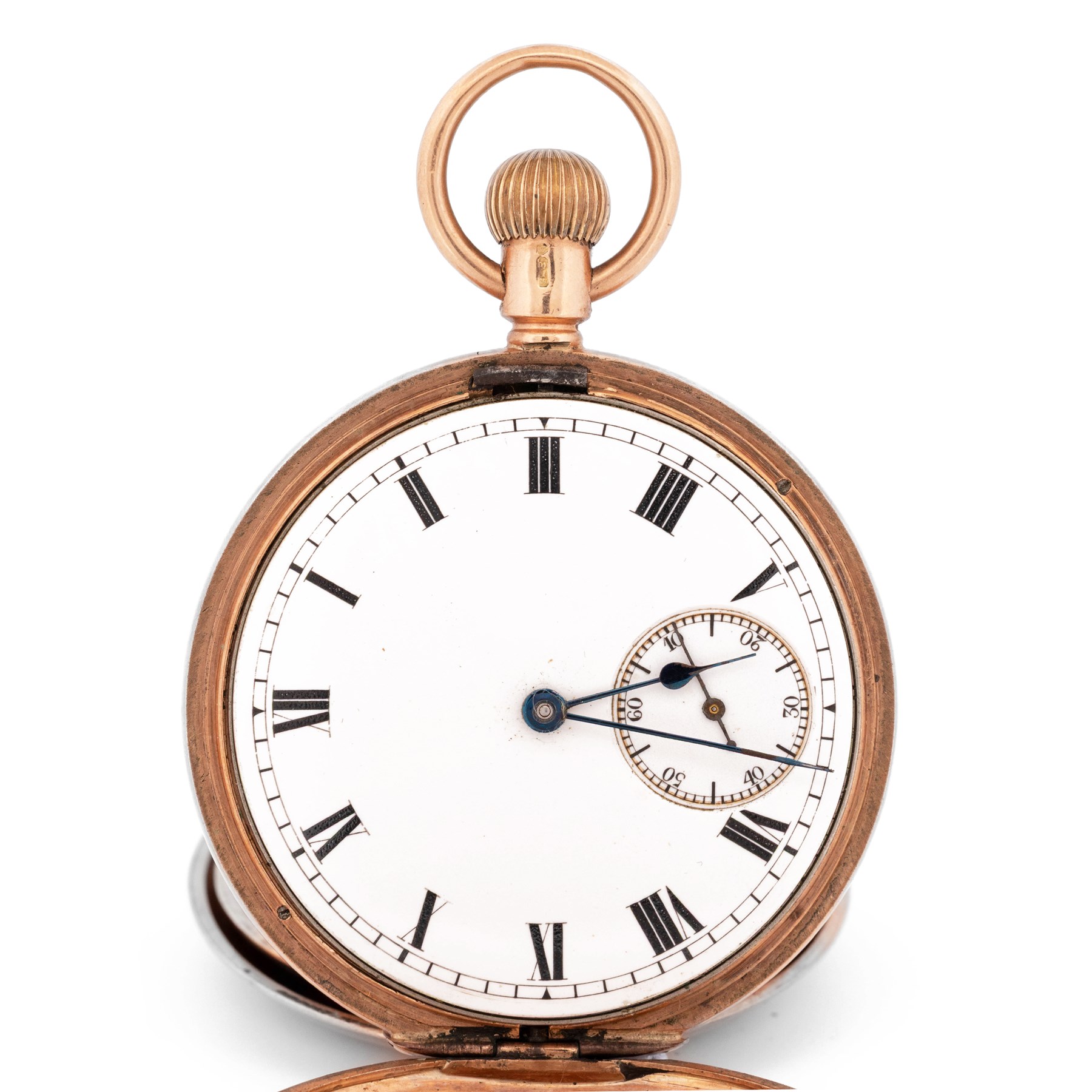 Early 20th century 9ct rose gold full hunter keyless lever pocket watch by American Watch Company, Waltham, No. 14757346, white enamel dial with Roman numeral hour markers and subsidiary seconds dial, case by William Ehrhardt, Birmingham 1916 