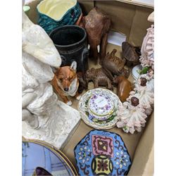 Ceramics and miscellaneous collectables, including hexagonal cloisonne box, ceramic figures, vase, wooden elephants etc, in one box