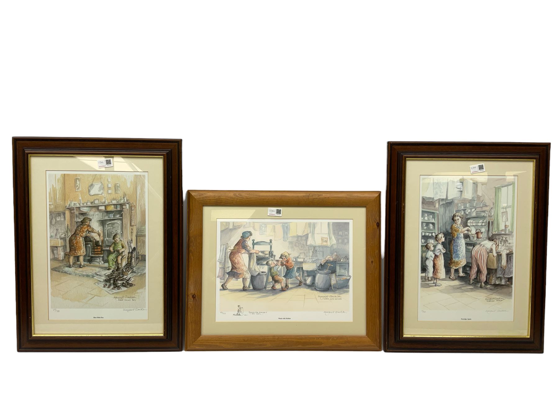 After Margaret Clarkson (British 1941-): 'Wash With Mother' 'Porridge Again' and 'Shoe Shine Boy', three limited edition colour prints signed and numbered together with two more framed prints after the artist each comprising of five limited edition signed colour prints max 28cm x 38cm (5)