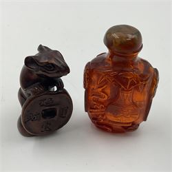 Two carved soapstone plaques, together with carved netsukes, snuff bottle etc 