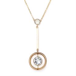 Early 20th century gold aquamarine pendant necklace, milgrain set round cut aquamarine wit...