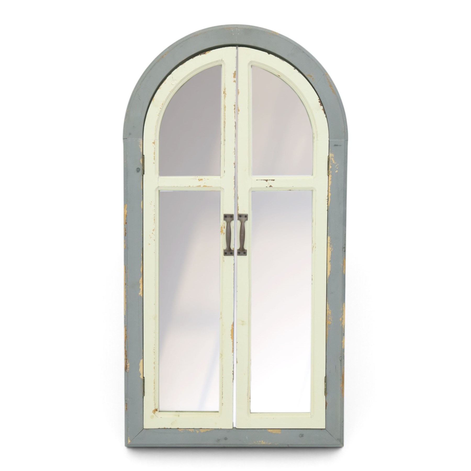 Traditional shutter garden mirror, curved grey frame enclosing a plain mirror plate, with open panel doors