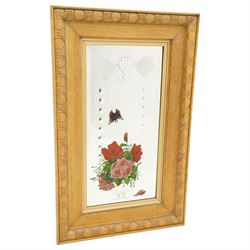 Set of eight early/mid 20th century oak framed 'Gypsy' mirrors, each of rectangular form, the mirror plates decorated with acid etched and cut fruiting vines and reverse painted flowering urns and butterflies, overall 82.5cm x 52cm