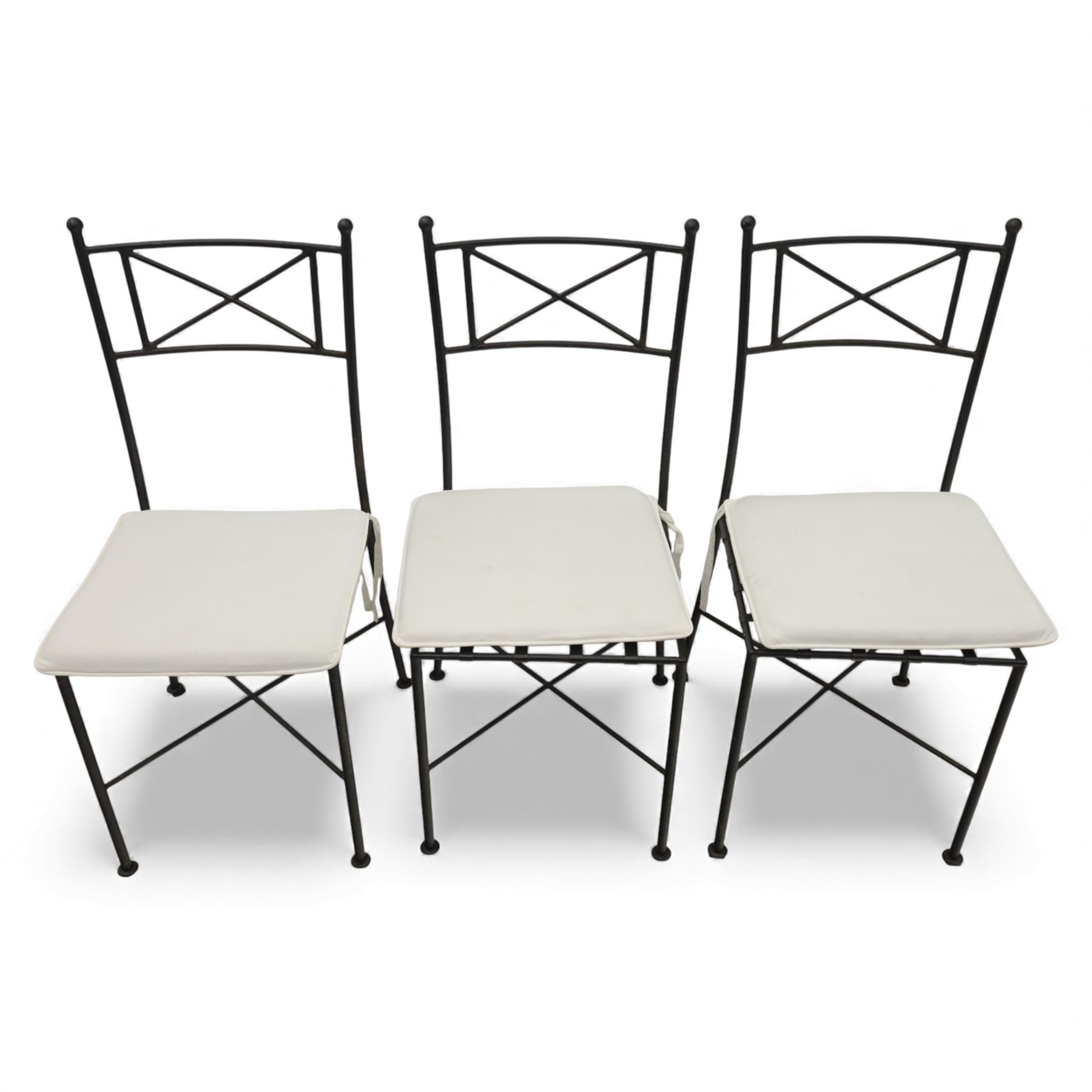 Modern metal and glass conservatory suite, comprising rectangular dining table with clear glass top and six matching metal framed chairs with upholstered seats, together with a matching glass topped coffee table
(Chairs H 92cm, W 42cm, Coffee table H 45cm, W 60cm)