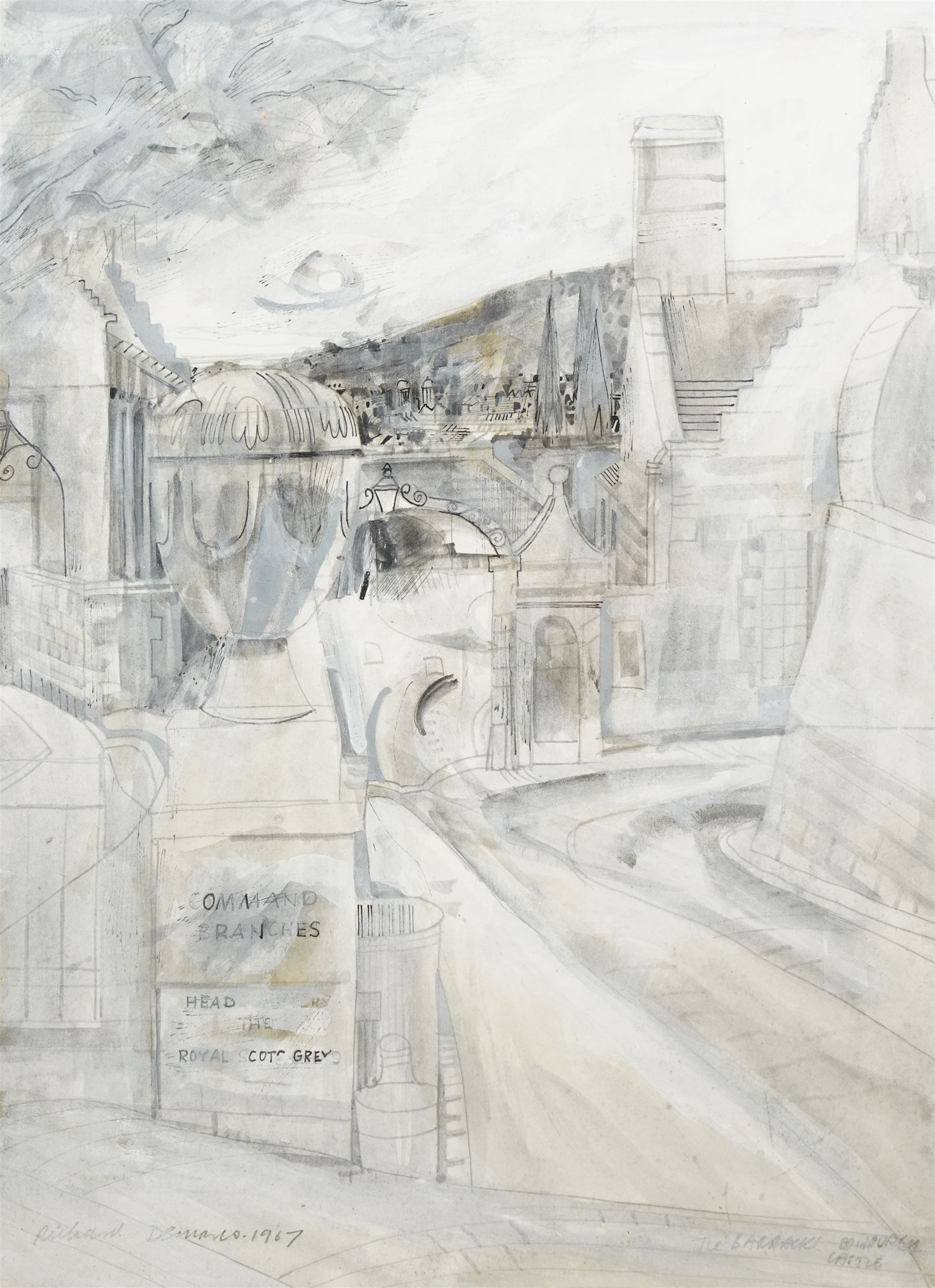 Richard Demarco (Scottish 1930-): The Barracks - Edinburgh Castle, pencil watercolour and ink signed titled and dated 1967, 37cm x 28cm