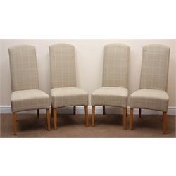  Set four high back dining chairs, upholstered in a neutral check fabric, square tapering supports, W47cm  
