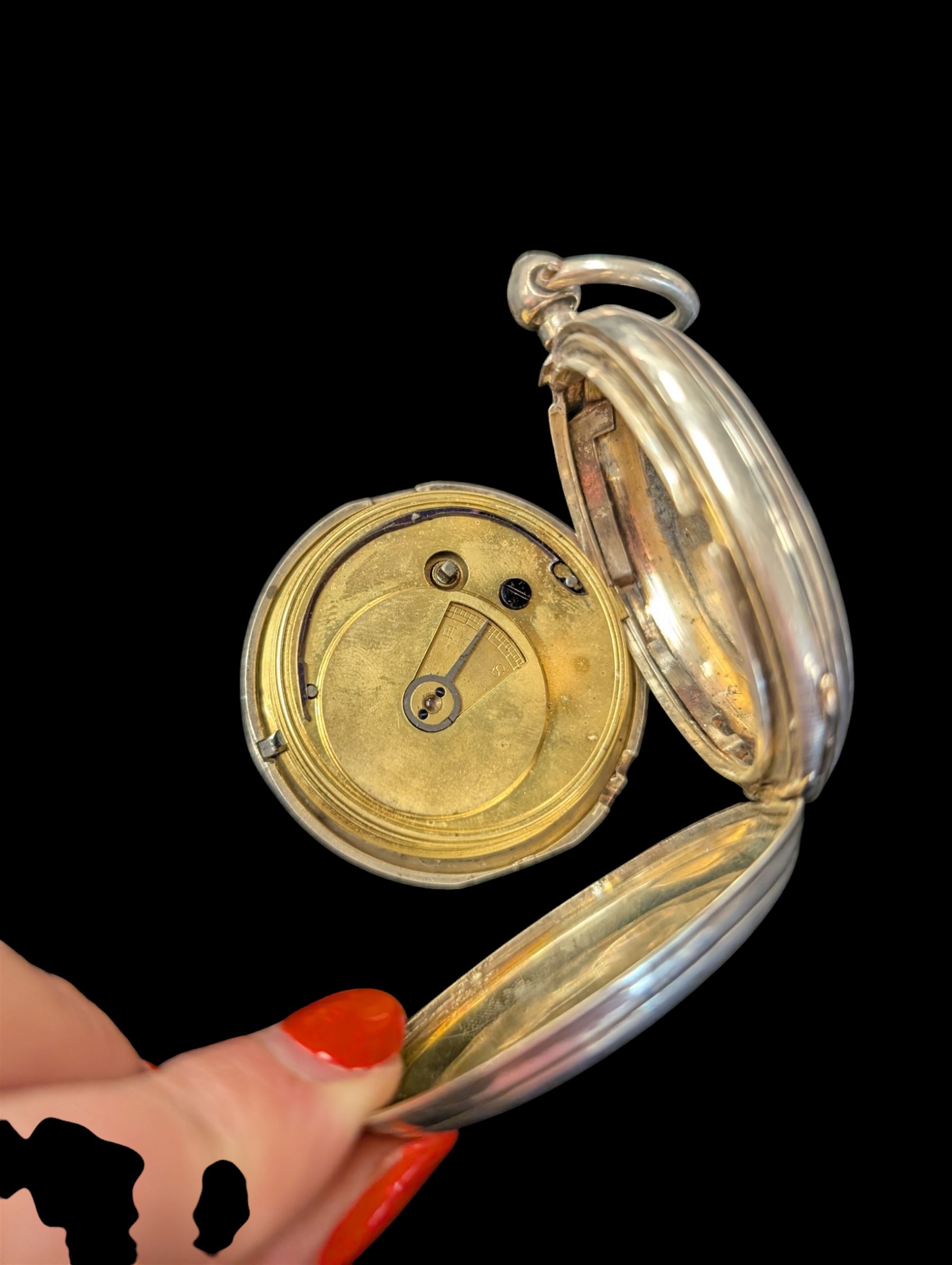 Late Victorian silver full hunter pocket watch by Tho Russell & Son no. 82844, with white enamel dial and subsidiary seconds dial, the front cover with blank cartouche, hallmarked Chester 1891