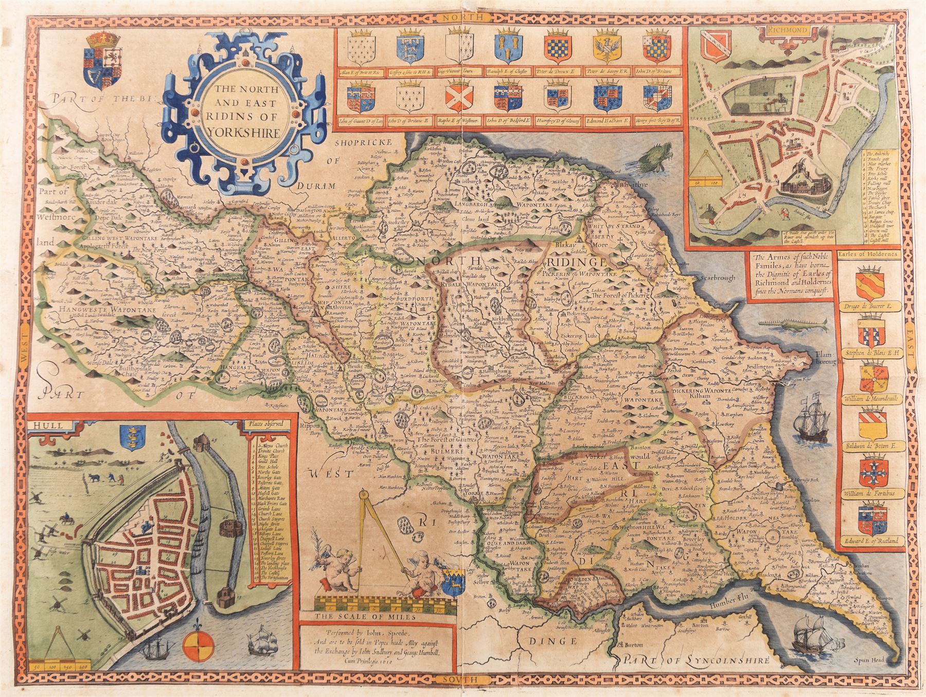 John Speed (British 1552-1629): 'The North and East Ridings of Yorkshire', engraved map with hand-colouring with inset plans of Richmond and Hull and numerous armorials originally pub. by John Sudbury & George Humble c.1611–1616, 46cm x 55cm (unframed)
