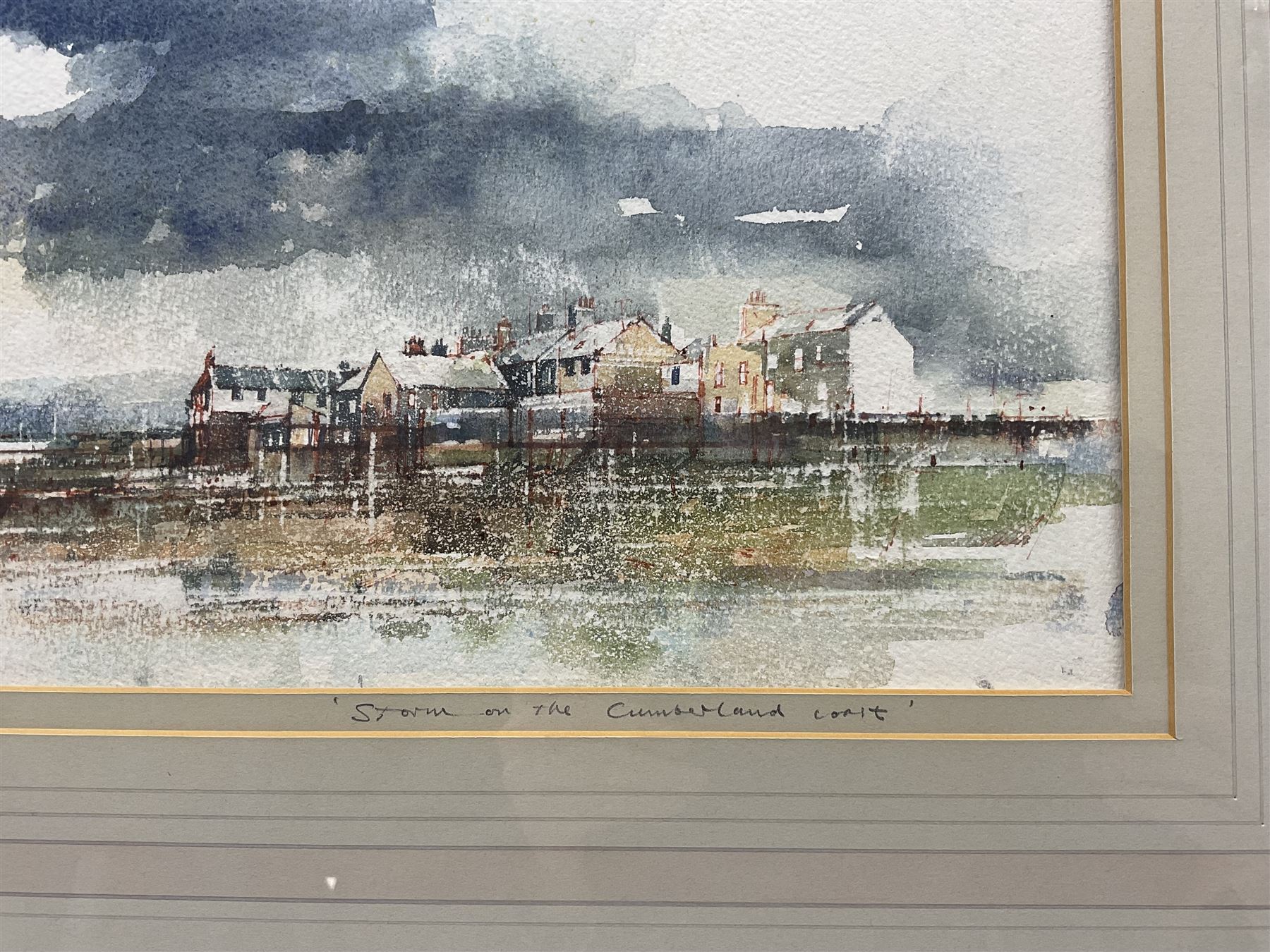 Tom Harland (Yorkshire 1945-2012): 'Storm on the Cumberland Coast', ink and watercolour signed, titled and signed on the mount 24cm x 51cm 