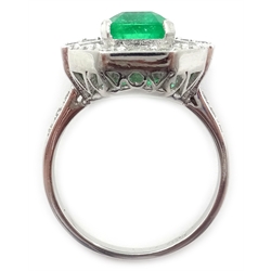  Emerald and diamond white gold ring, stamped 18ct emerald approx 3 carat, diamonds approx 1.6 carat   