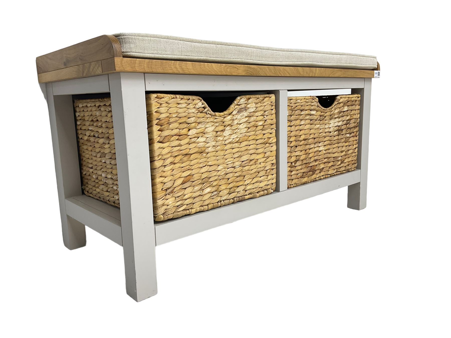 Roseland Farrow - oak and grey finish hallway bench with baskets and squab cushion 