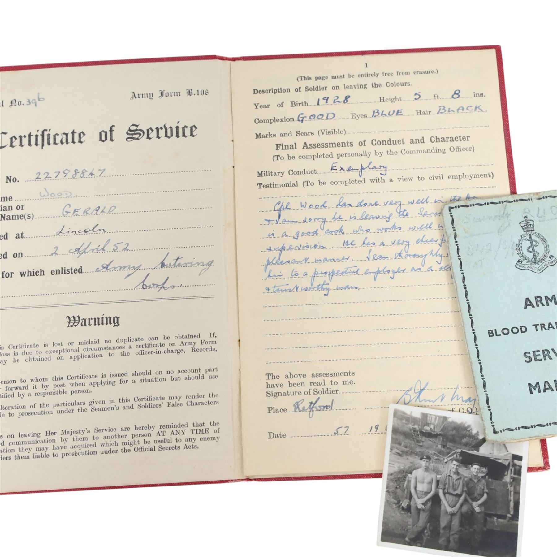 Trio of QEII medals; Korea medal, United Nations Korea medal and Elizabeth II general service medal with Malaya clasp, awarded to 22798847 pte. G. Wood Acc, together with the his service book