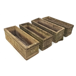  Set four rectangular Cotswold composite stone planters with Yorkshire rose detail, W51cm, D20cm, H19cm  