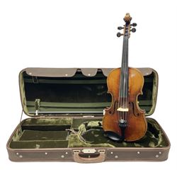 German viola c1900 with 39cm two-piece maple back and ribs and spruce top, bears label 'Antonius Stradivarius Cremonensis Faciebat Anno 1759' L65cm overall; in fitted carrying case