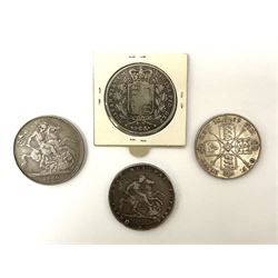 King George III 1920 crown, Queen Victoria 1845 and 1890 crown coins and a Queen Victoria 1889 double florin (4)