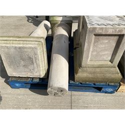 Set of four cast stone architectural columns, tapering form, on square plinth bases