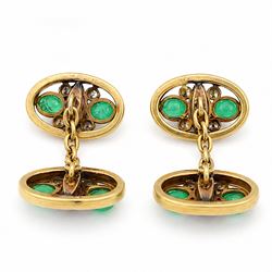 Pair of 18ct gold ruby, emerald and diamond cufflinks, each head openwork set with two oval cabochon cut emeralds, four milgrain set round cut diamonds and a marquise cut ruby  