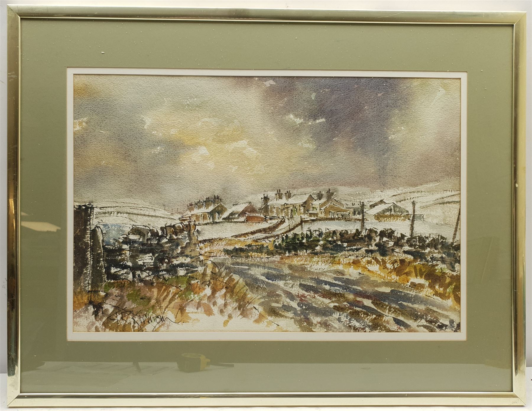 Terry Kirman (British 1939-1997): Yorkshire Dales Village in Winter, watercolour signed, artist's studio label verso 37cm x 56cm
