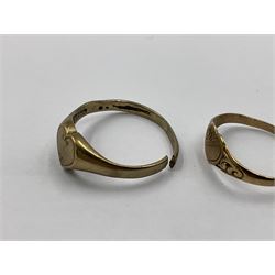 Four 9ct gold rings, to include cubic zirconia wishbone ring, single stone cubic zirconia ring and two heart design signet rings