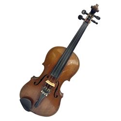 German copy of a Maggini violin c1900 with 35.5cm two-piece maple back and ribs and spruce top, bears label 'Maggini Deutsche Arbeit 1866' L59cm; in carrying case with bow