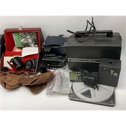 Vintage and later cameras and other similar items including Lumix Panasonic 'DMC-FZ18', box cameras, binoculars etc, in one box