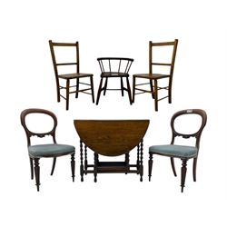 Pair of Victorian mahogany balloon back dining chairs (W49cm); 20th century oak drop-leaf dining table (W92cm); three small children's chairs (6)