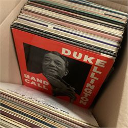 Collection of vinyl LP records in four boxes, mainly Jazz and Classical including Piano Rags by Scott Joplin, Sarah Vaughn, Duke Ellington and His Orchestra and Louis Armstrong, etc