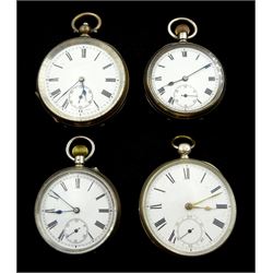 Four 19th/early 20th century silver lever pocket watches, one by Waltham, white enamel dials with Roman numerals and subsidereary seconds dials, hallmarked cases