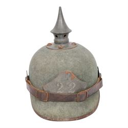WWI Prussian 22nd regiment Ersatz Felt Pickelhaube, the grey felt skull with steel spike f...