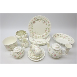  Wedgwood Rosehip pattern tea for two, six dinner plates, oval serving dish, small posy vase, planter and rose bowl   
