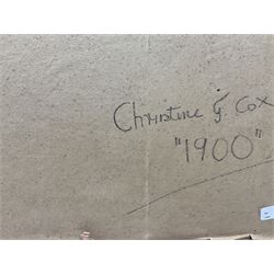 Christine Gloria Cox (Scarborough 1942-2014): '1900', collage of acrylic panels signed and titled with Yorkshire Artists Exhibition label verso 61cm x 92cm (unframed)