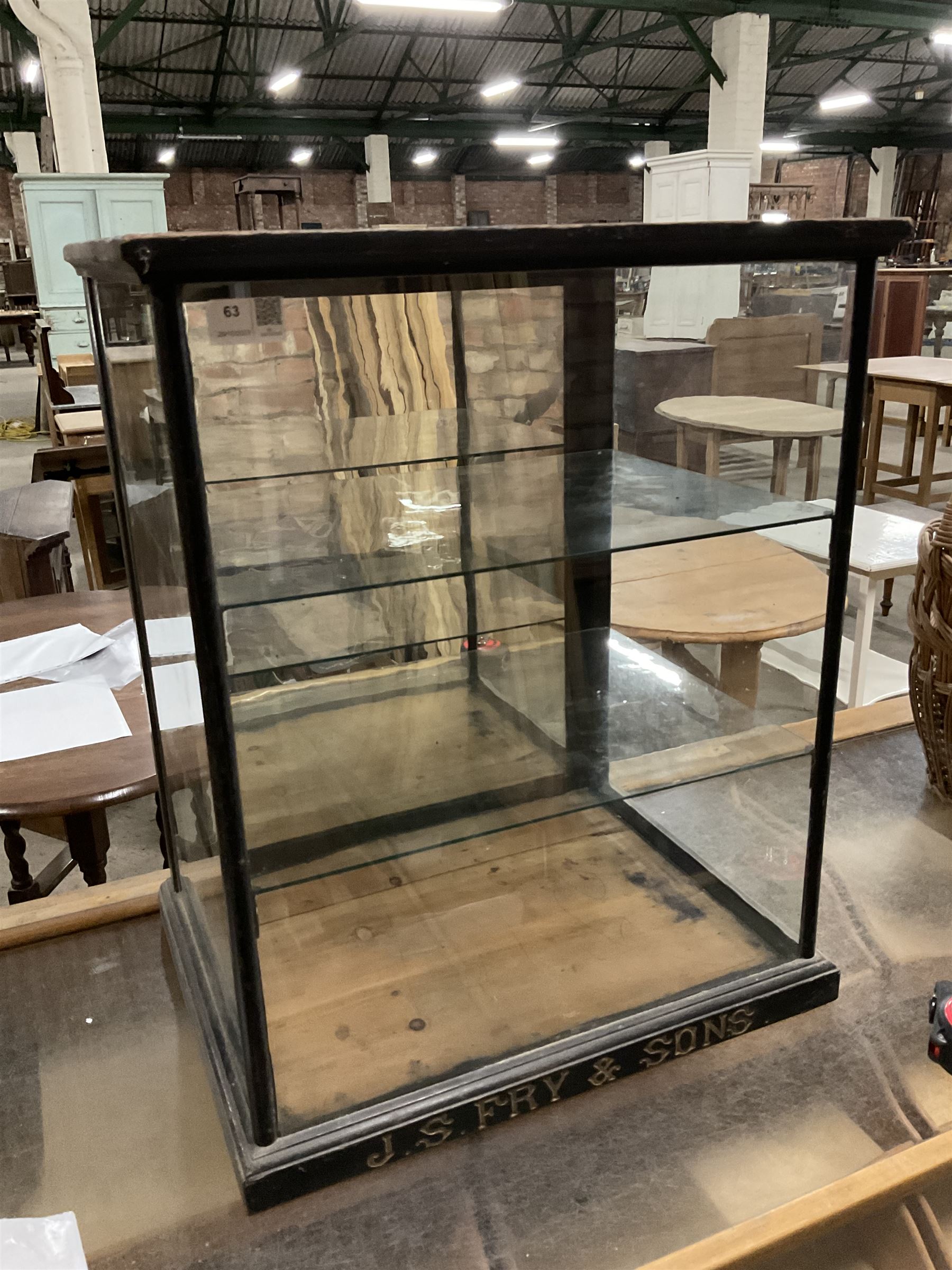 J S Fry & Sons - Victorian glazed and ebonised chocolate countertop display cabinet, fitted with single mirror back door to the rear enclosing two glass shelves, engraved gilt typeface to base - THIS LOT IS TO BE COLLECTED BY APPOINTMENT FROM THE OLD BUFFER DEPOT, MELBOURNE PLACE, SOWERBY, THIRSK, YO7 1QY