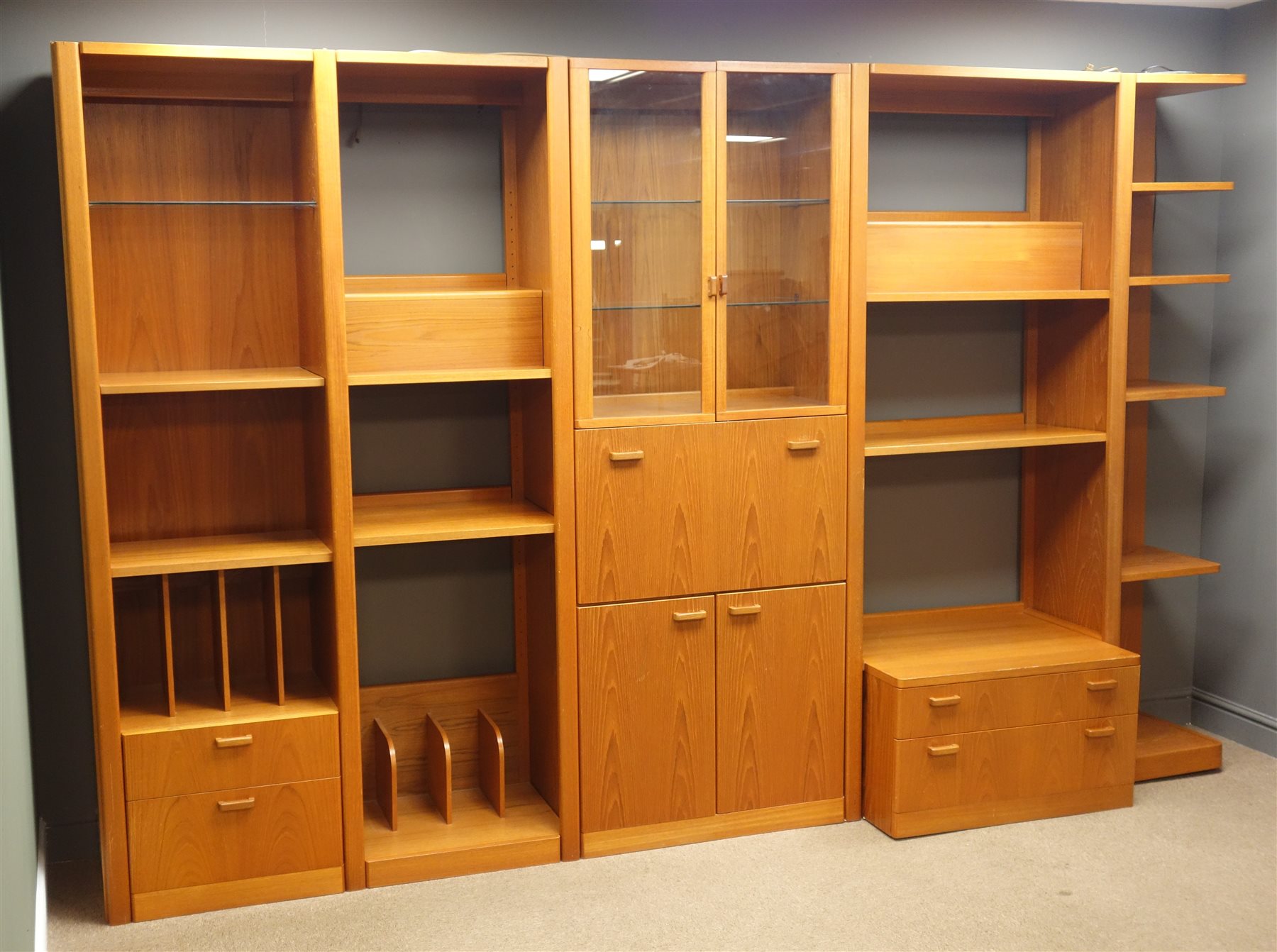 GPlan large teak sectional wall unit, combination of glazed display