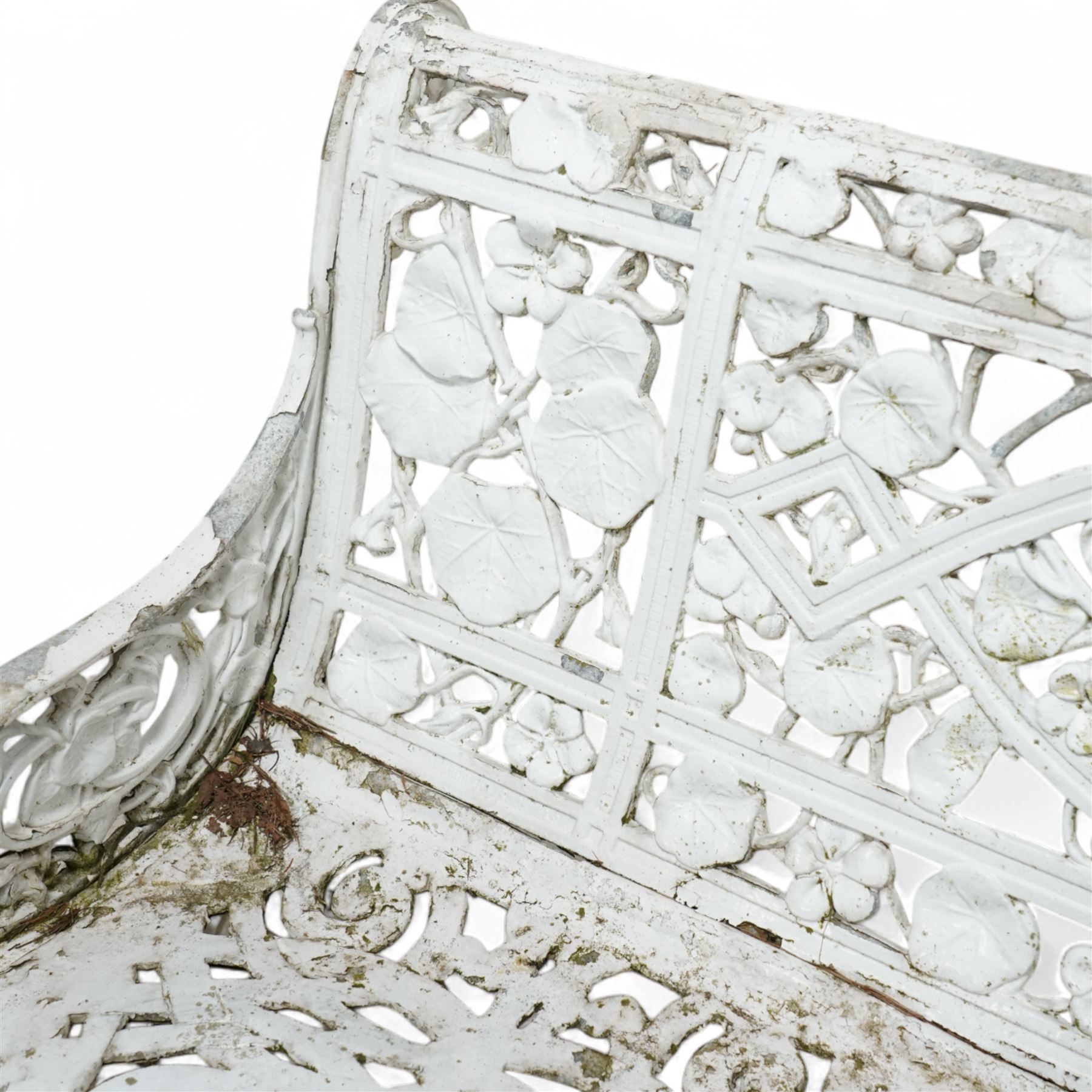 Coalbrookdale design - early 20th century cast aluminium Nasturtium pattern bench, white painted cast aluminium frame and seat, the pediment with a central female mask flanked with extending leafage, the back and seat with scrolling lattice design and interspersed Narsturtium leaves, flanked shaped arm terminals over splayed supports