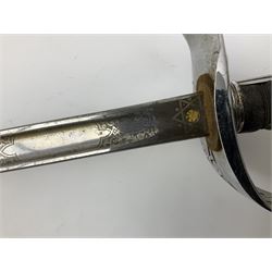 British George V 1897 Pattern Infantry Officers Sword, the 82.5cm fullered steel blade etched and polished with crowned royal arms, GRV cyphers and scrolling foliage, marked Army & Navy Co-operative Society 105 Victoria St London SW to the ricasso,  plated pierced basket hilt with wire bound fish skin grip and leather knot, No.15032; in leather covered scabbard
