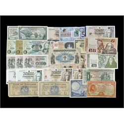 Irish and Scottish banknotes to include Bank of Ireland 5 January 1939 ‘B15’ one pound, two Bank of Scotland 1964 ‘AD07’ and ‘AF05’ one pound notes, one 1966 ‘CQ77’ one pound, and further notes from Clydesdale Bank, National Commercial Bank of Scotland Ltd. etc, housed in plastic sleeves