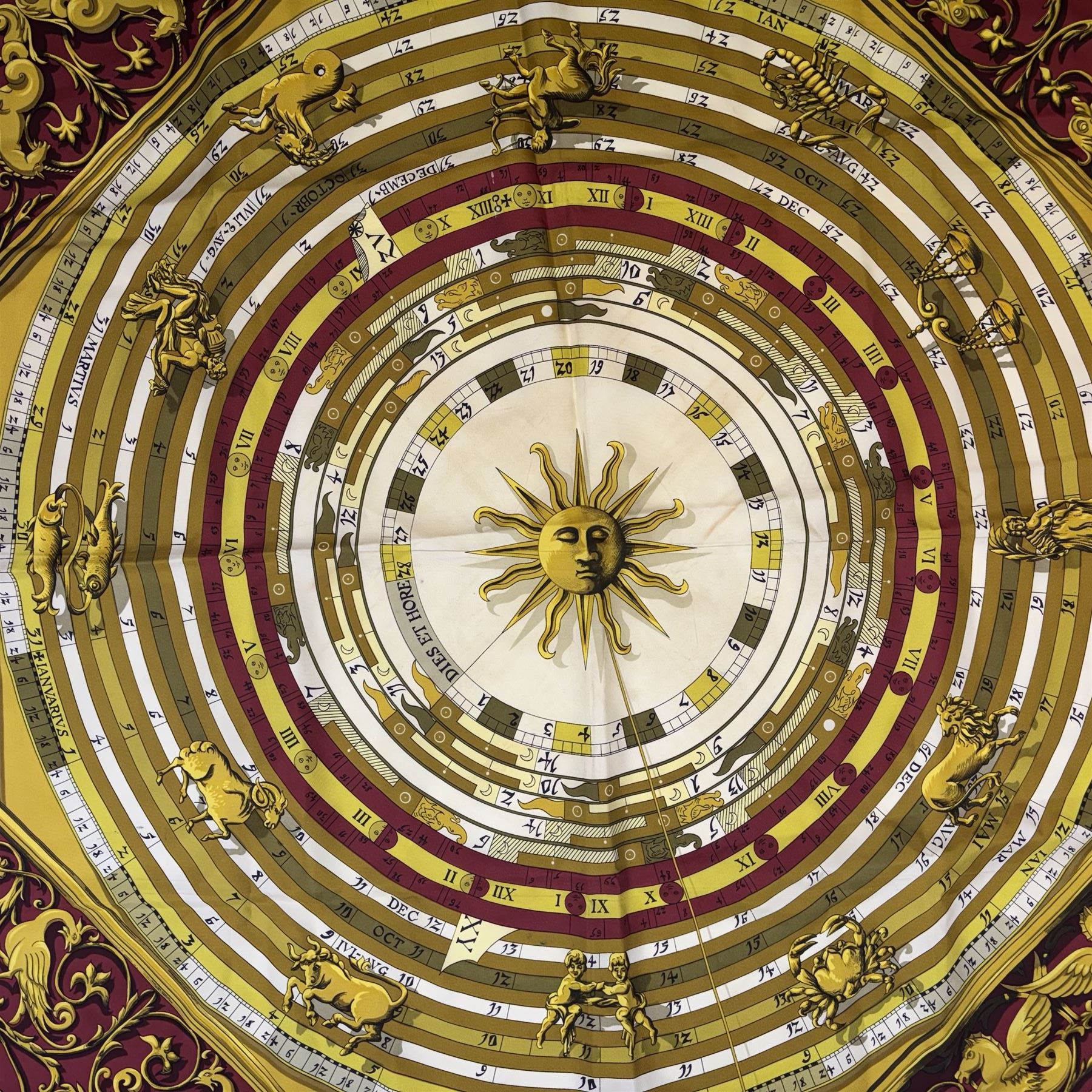 Hermes Astrologie Dies et Hore silk scarf, in red and yellow colourway, by Francoise Faconnet, 90cm x 90cm