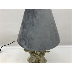 Silvered effect composite table lamp, modelled as a pair of boxing hares, with a grey velvet shade, H45cm