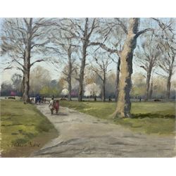 William Burns (British 1923-2010): 'Spring in Green Park', oil on board signed, titled verso 21cm x 26cm (unframed) Provenance: Direct from the family of the artist. Notes: Born in Sheffield in 1923, William Burns RIBA FSAI FRSA studied at the Sheffield College of Art before the outbreak of the Second World War, during which he helped illustrate the official War Diaries for the North Africa Campaign, and was elected a member of the Armed Forces Art Society. On his return, he studied architecture at Sheffield University and later ran his own successful practice, being a member of the Royal Institute of British Architects. However, painting had always been his self-confessed 'first love', and in the 1970s he gave up architecture to become a full-time artist, having his first one-man exhibition in 1979.