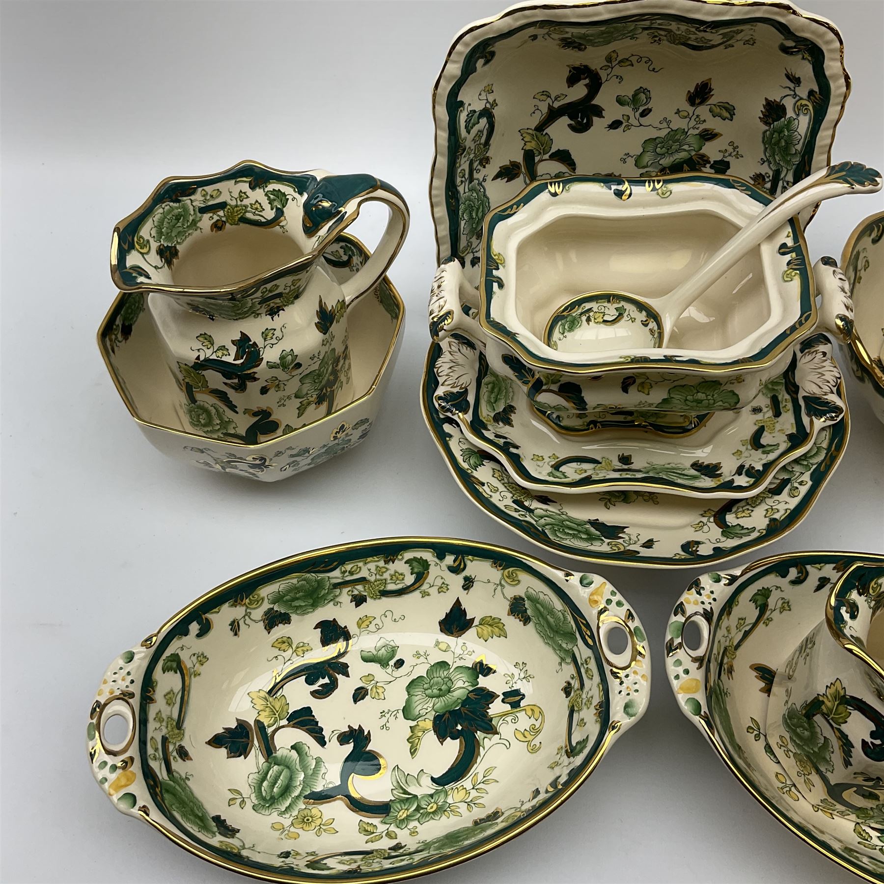Collection of Various Masons Chartreuse and Mandalay Ironstone China, comprising a graduated set of three jugs, ladle, tureen, four serving dishes and two serving bowls 