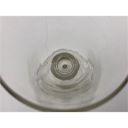 18th century wine glass, the trumpet shaped bowl upon tear drop stem and conical folded foot, H15.5cm, together with an 18th century cordial glass, the round funnel bowl on plain knopped stem and folded conical foot