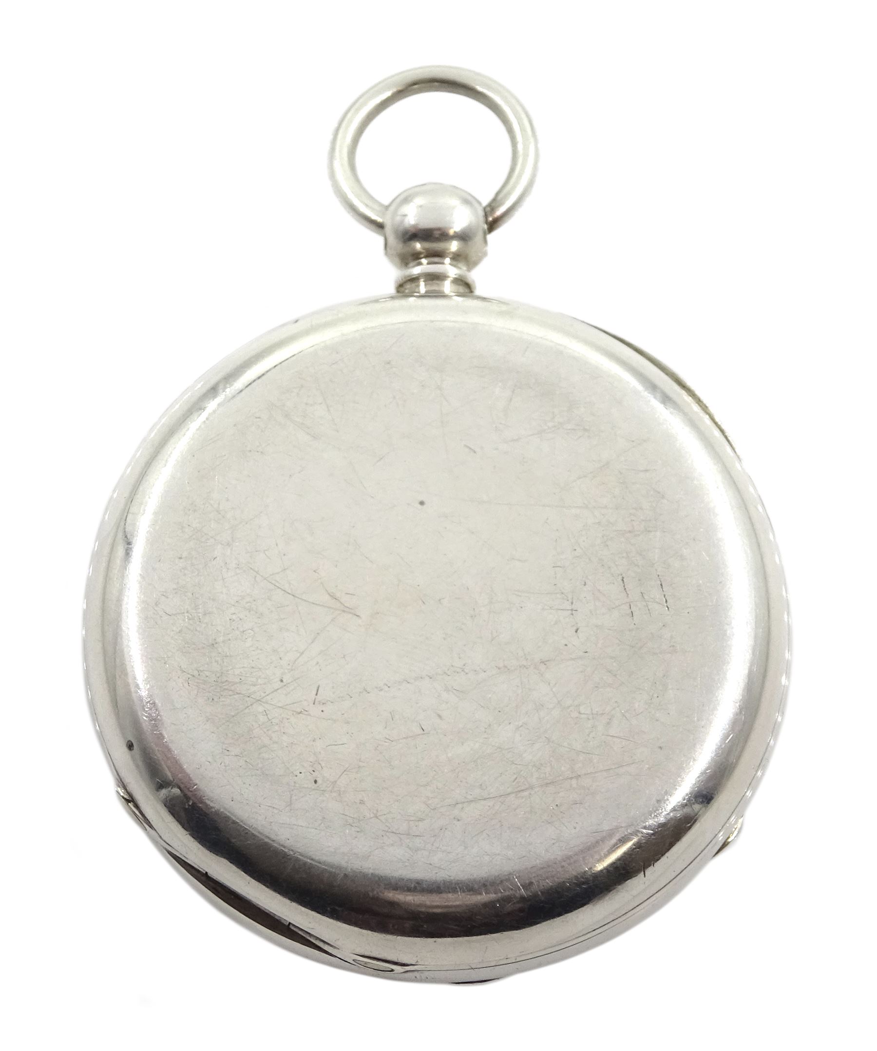 Victorian silver open face face key wound chronograph pocket watch by A. Lockhart, Whitehaven, No. 58660, white enamel dial with Roman numerals, outer seconds track numbered 25-300, case makers mark L A, London 1886