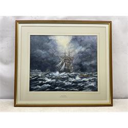 Ken Cooper (British 20th century): The Brig 'Delta' lost off Bridlington in the Great Gale of 1871, watercolour and gouache signed and dated '93, 45cm x 55cm, together with a framed poem commemorating the event (2)