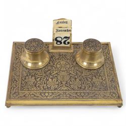 19th century brass inlaid desk stand with perpetual calendar, H7cm 